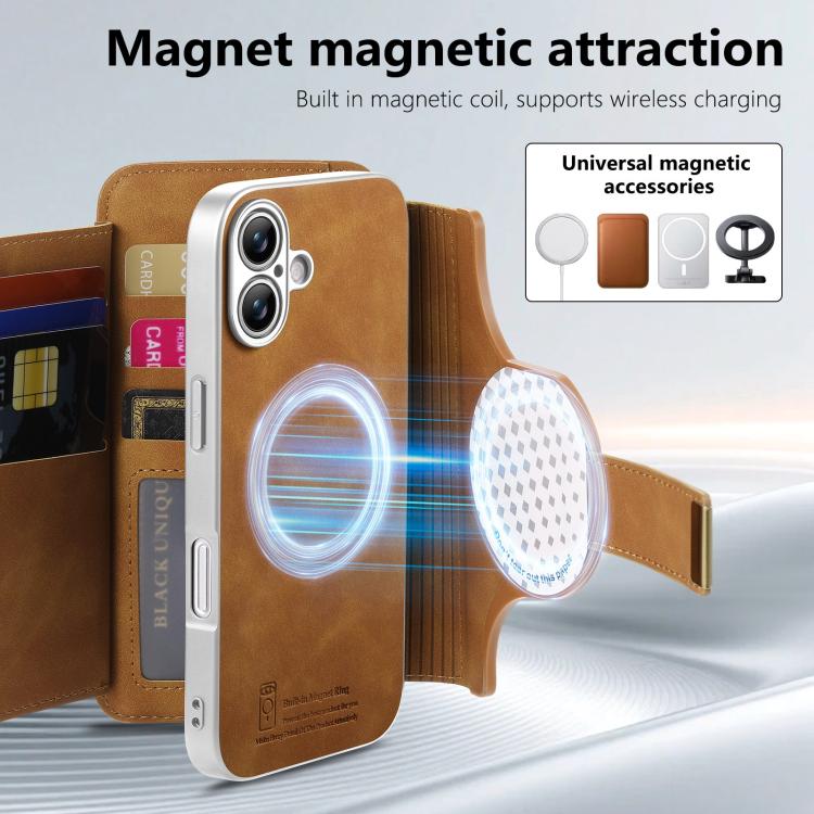 For iPhone 16 Precision Hole Silver-Edged Ring RFID Blocking Zipper Wallet Magnetic Vegan Leather Phone Case