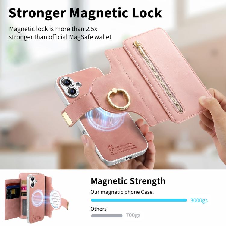For iPhone 17 Precision Hole Silver-Edged Ring RFID Blocking Zipper Wallet Magnetic Vegan Leather Phone Case