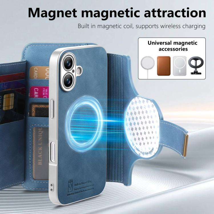 For iPhone 17 Precision Hole Silver-Edged Ring RFID Blocking Zipper Wallet Magnetic Vegan Leather Phone Case