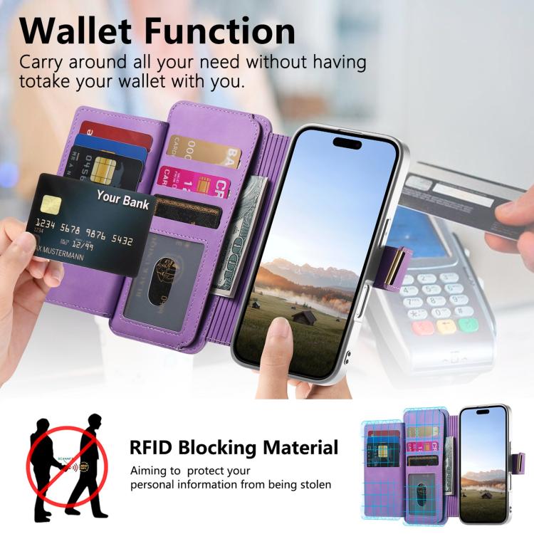 For iPhone 17 Precision Hole Silver-Edged Ring RFID Blocking Zipper Wallet Magnetic Vegan Leather Phone Case