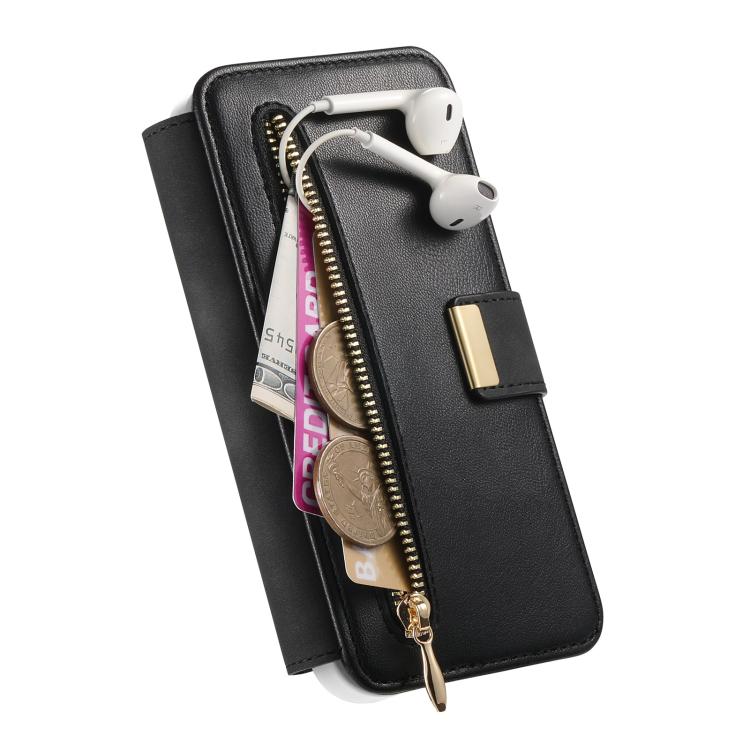 For iPhone 17 Precision Hole Silver-Edged Ring RFID Blocking Zipper Wallet Magnetic Vegan Leather Phone Case