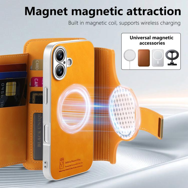 For iPhone 17 Precision Hole Silver-Edged Ring RFID Blocking Zipper Wallet Magnetic Vegan Leather Phone Case
