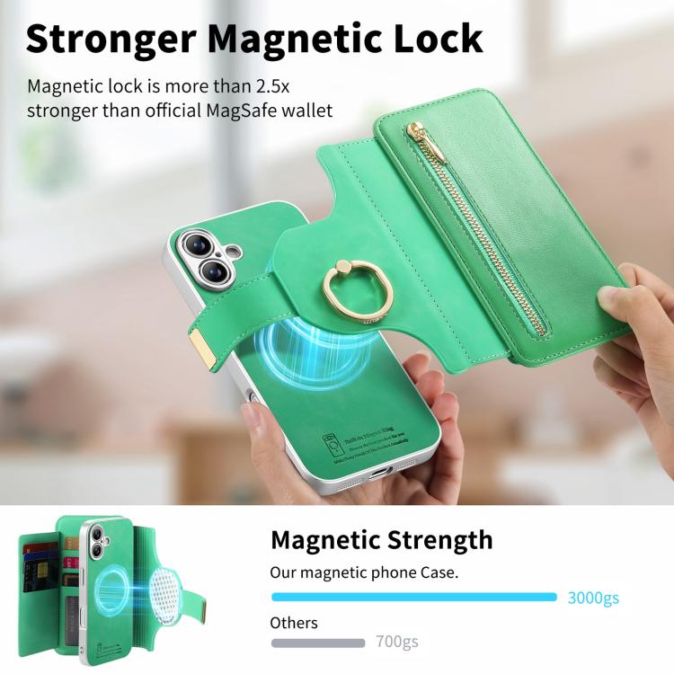 For iPhone 17 Precision Hole Silver-Edged Ring RFID Blocking Zipper Wallet Magnetic Vegan Leather Phone Case