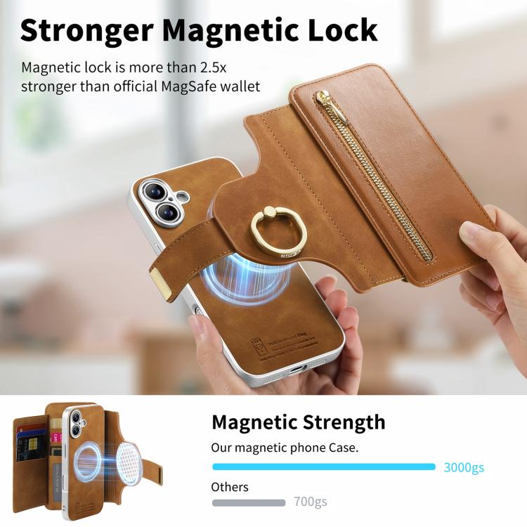 For iPhone 17 Precision Hole Silver-Edged Ring RFID Blocking Zipper Wallet Magnetic Vegan Leather Phone Case