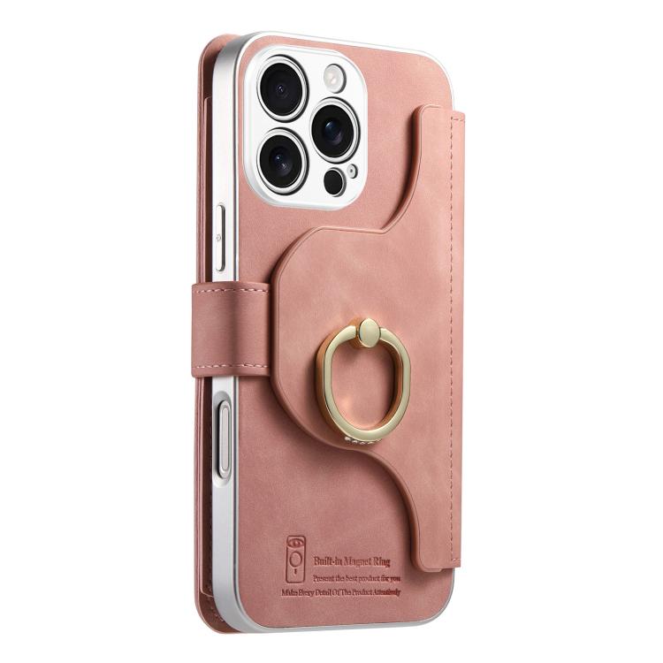For iPhone 16 Pro Max Precision Hole Silver-Edged Ring RFID Blocking Zipper Wallet Magnetic Vegan Leather Phone Case
