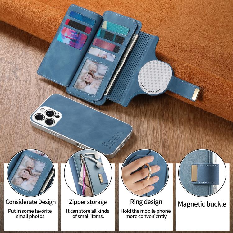 For iPhone 16 Pro Max Precision Hole Silver-Edged Ring RFID Blocking Zipper Wallet Magnetic Vegan Leather Phone Case