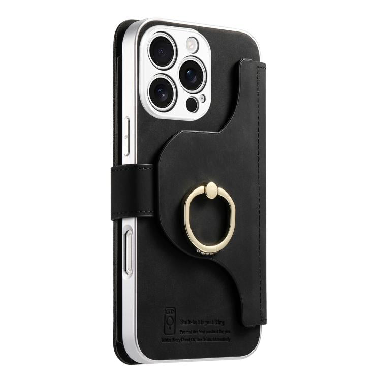 For iPhone 16 Pro Max Precision Hole Silver-Edged Ring RFID Blocking Zipper Wallet Magnetic Vegan Leather Phone Case