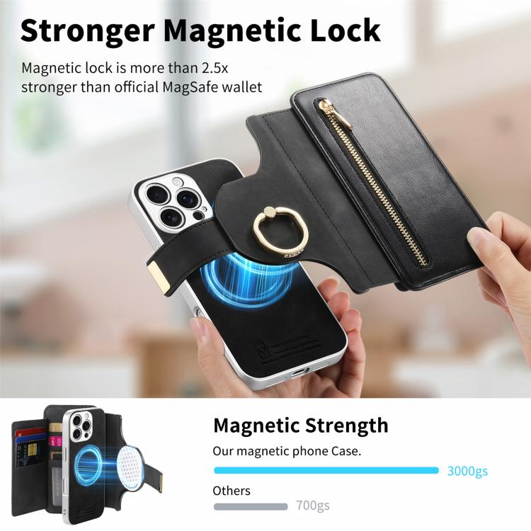 For iPhone 16 Pro Max Precision Hole Silver-Edged Ring RFID Blocking Zipper Wallet Magnetic Vegan Leather Phone Case