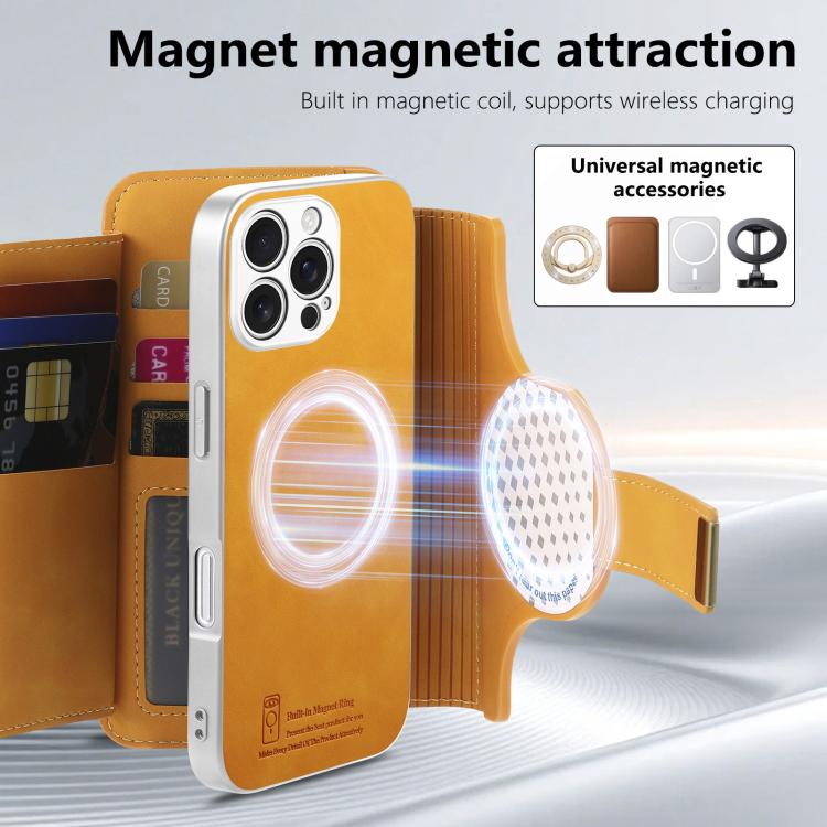 For iPhone 16 Pro Max Precision Hole Silver-Edged Ring RFID Blocking Zipper Wallet Magnetic Vegan Leather Phone Case