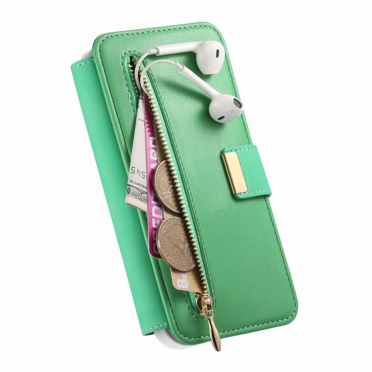 For iPhone 16 Pro Max Precision Hole Silver-Edged Ring RFID Blocking Zipper Wallet Magnetic Vegan Leather Phone Case