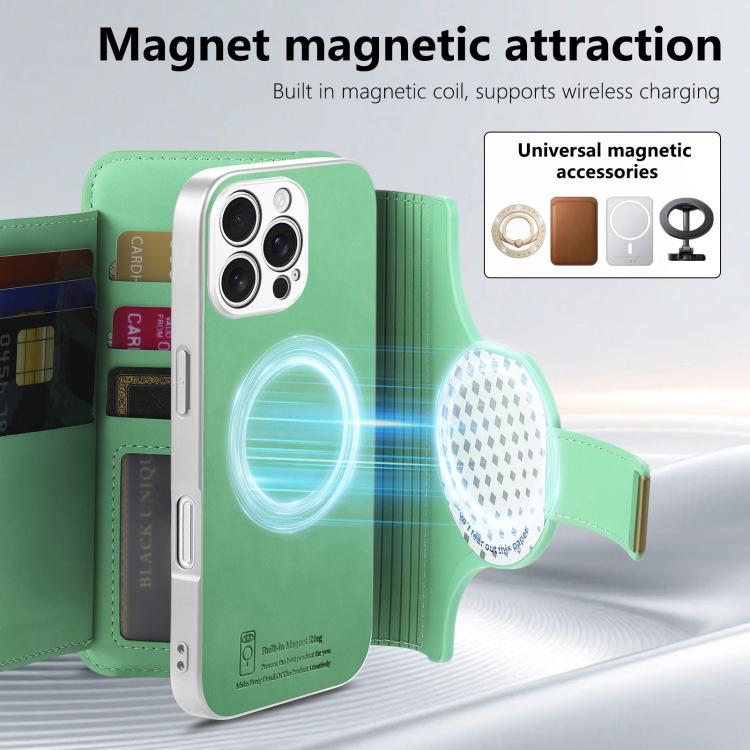 For iPhone 16 Pro Max Precision Hole Silver-Edged Ring RFID Blocking Zipper Wallet Magnetic Vegan Leather Phone Case
