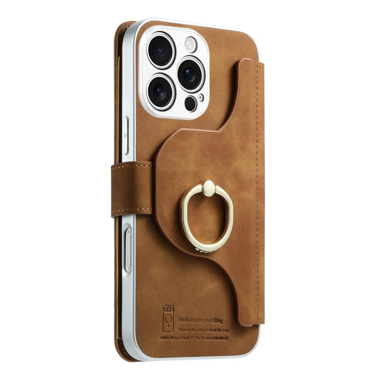 For iPhone 16 Pro Max Precision Hole Silver-Edged Ring RFID Blocking Zipper Wallet Magnetic Vegan Leather Phone Case