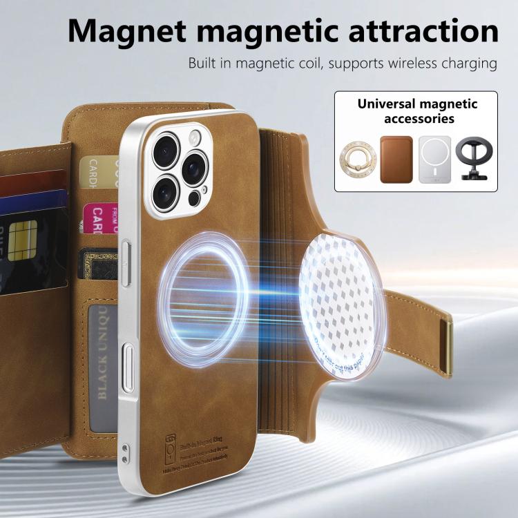For iPhone 16 Pro Max Precision Hole Silver-Edged Ring RFID Blocking Zipper Wallet Magnetic Vegan Leather Phone Case