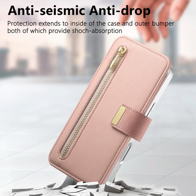 For iPhone 16 Plus Precision Hole Silver-Edged Ring RFID Blocking Zipper Wallet Magnetic Vegan Leather Phone Case