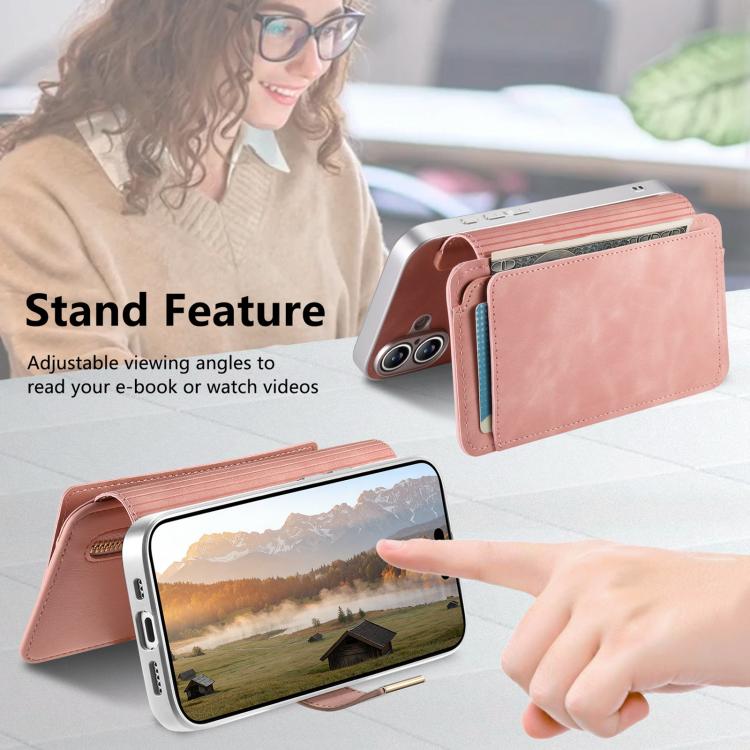 For iPhone 16 Plus Precision Hole Silver-Edged Ring RFID Blocking Zipper Wallet Magnetic Vegan Leather Phone Case