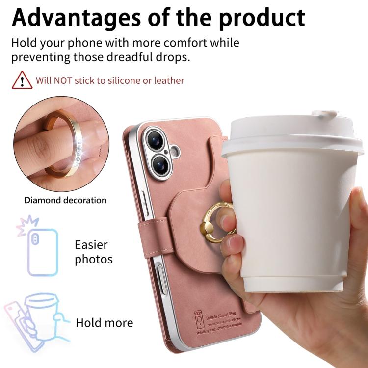 For iPhone 16 Plus Precision Hole Silver-Edged Ring RFID Blocking Zipper Wallet Magnetic Vegan Leather Phone Case
