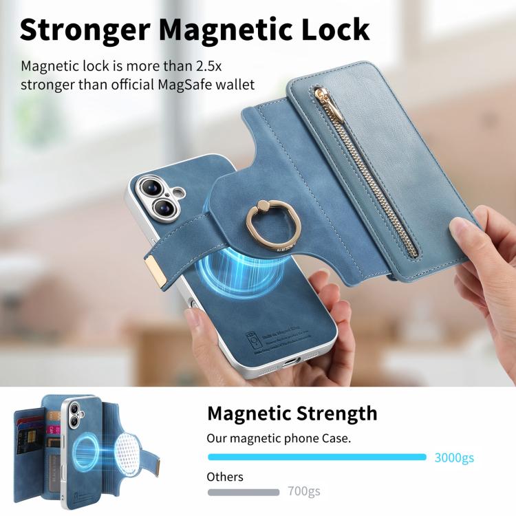 For iPhone 16 Plus Precision Hole Silver-Edged Ring RFID Blocking Zipper Wallet Magnetic Vegan Leather Phone Case