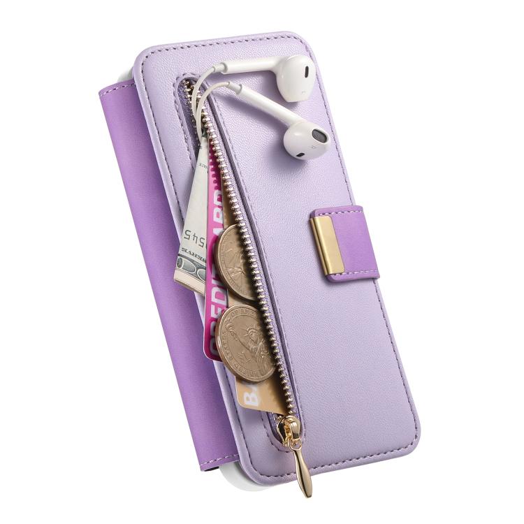For iPhone 16 Plus Precision Hole Silver-Edged Ring RFID Blocking Zipper Wallet Magnetic Vegan Leather Phone Case