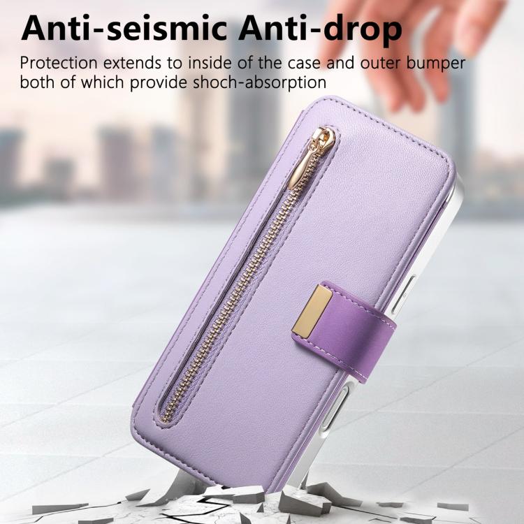 For iPhone 16 Plus Precision Hole Silver-Edged Ring RFID Blocking Zipper Wallet Magnetic Vegan Leather Phone Case