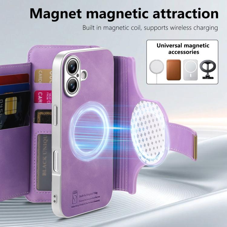 For iPhone 16 Plus Precision Hole Silver-Edged Ring RFID Blocking Zipper Wallet Magnetic Vegan Leather Phone Case