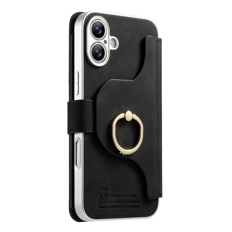 For iPhone 16 Plus Precision Hole Silver-Edged Ring RFID Blocking Zipper Wallet Magnetic Vegan Leather Phone Case