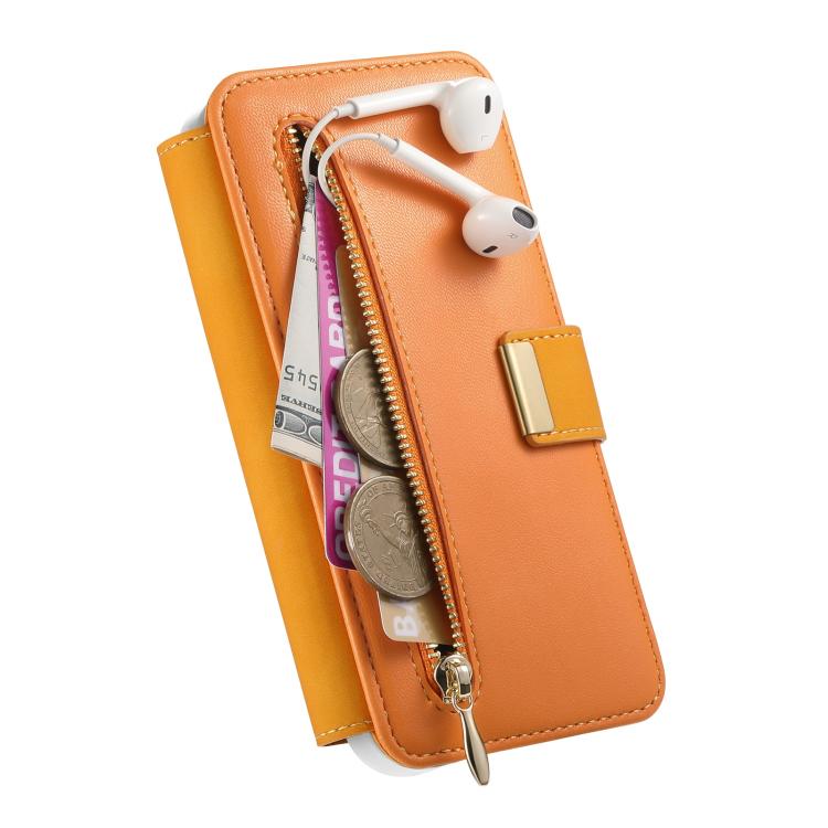 For iPhone 16 Plus Precision Hole Silver-Edged Ring RFID Blocking Zipper Wallet Magnetic Vegan Leather Phone Case