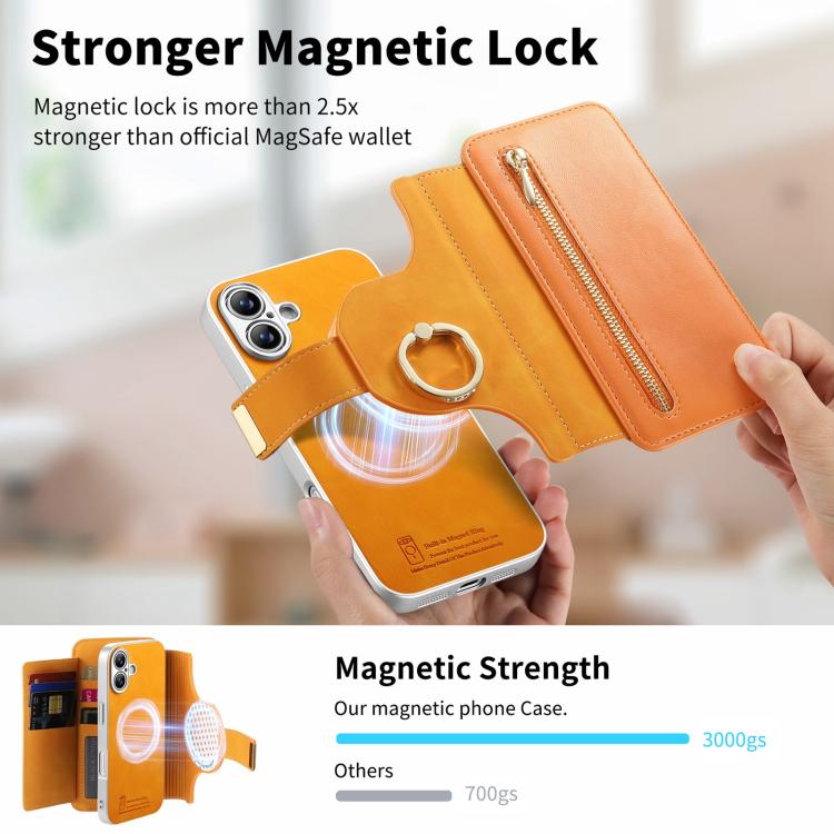 For iPhone 16 Plus Precision Hole Silver-Edged Ring RFID Blocking Zipper Wallet Magnetic Vegan Leather Phone Case