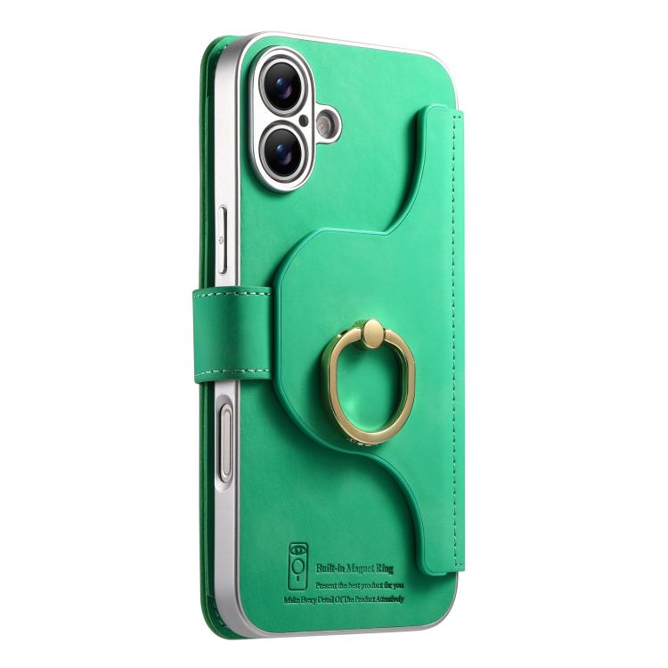 For iPhone 16 Plus Precision Hole Silver-Edged Ring RFID Blocking Zipper Wallet Magnetic Vegan Leather Phone Case