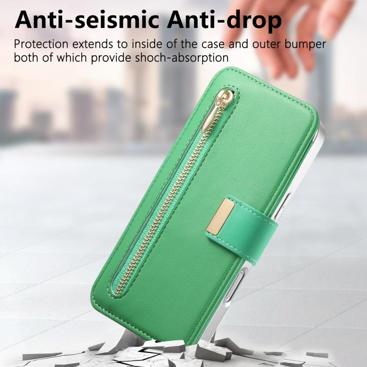 For iPhone 16 Plus Precision Hole Silver-Edged Ring RFID Blocking Zipper Wallet Magnetic Vegan Leather Phone Case