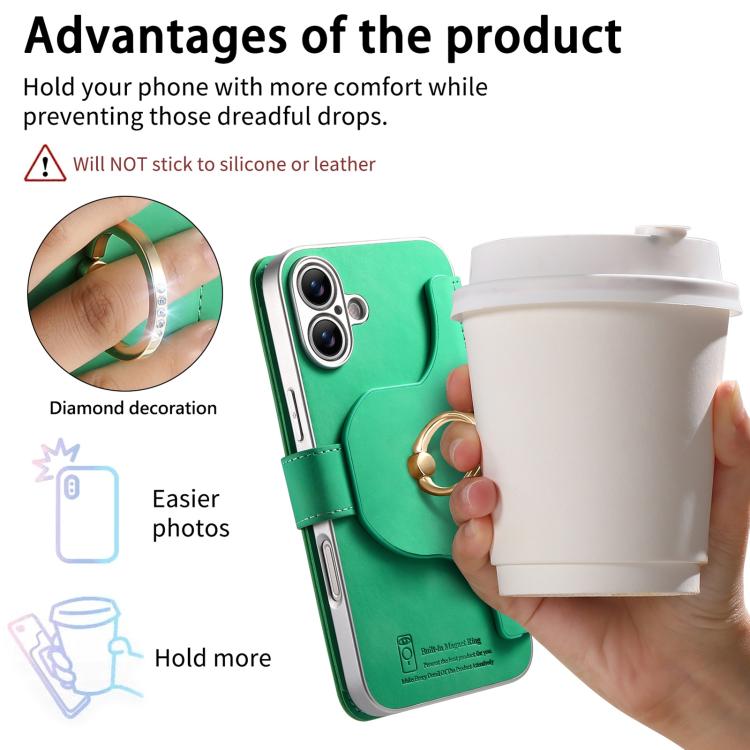 For iPhone 16 Plus Precision Hole Silver-Edged Ring RFID Blocking Zipper Wallet Magnetic Vegan Leather Phone Case