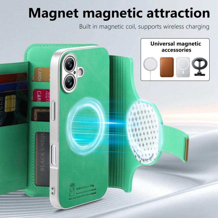 For iPhone 16 Plus Precision Hole Silver-Edged Ring RFID Blocking Zipper Wallet Magnetic Vegan Leather Phone Case