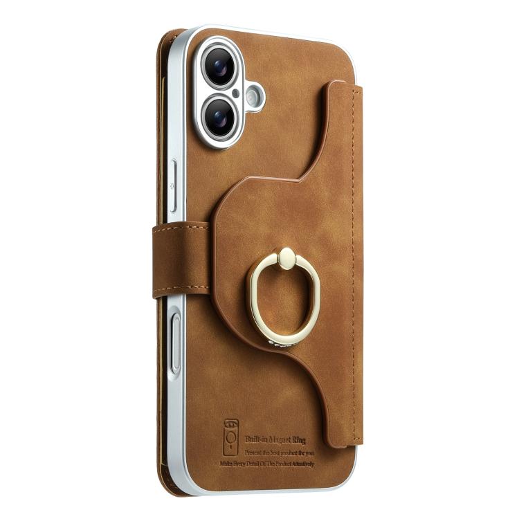 For iPhone 16 Plus Precision Hole Silver-Edged Ring RFID Blocking Zipper Wallet Magnetic Vegan Leather Phone Case