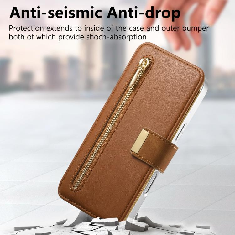 For iPhone 16 Plus Precision Hole Silver-Edged Ring RFID Blocking Zipper Wallet Magnetic Vegan Leather Phone Case