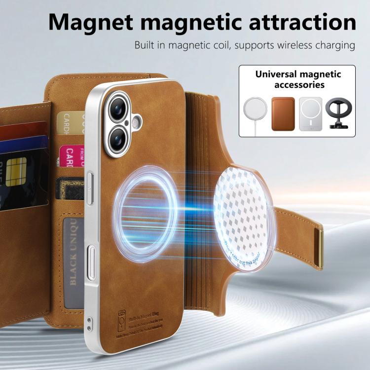For iPhone 16 Plus Precision Hole Silver-Edged Ring RFID Blocking Zipper Wallet Magnetic Vegan Leather Phone Case
