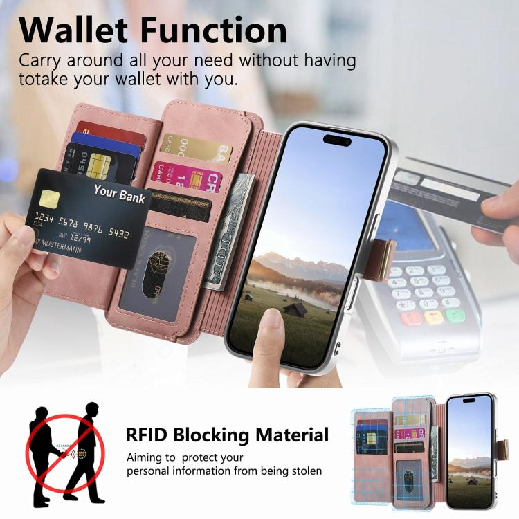 For iPhone 13 Precision Hole Silver-Edged Ring RFID Blocking Zipper Wallet Magnetic Vegan Leather Phone Case