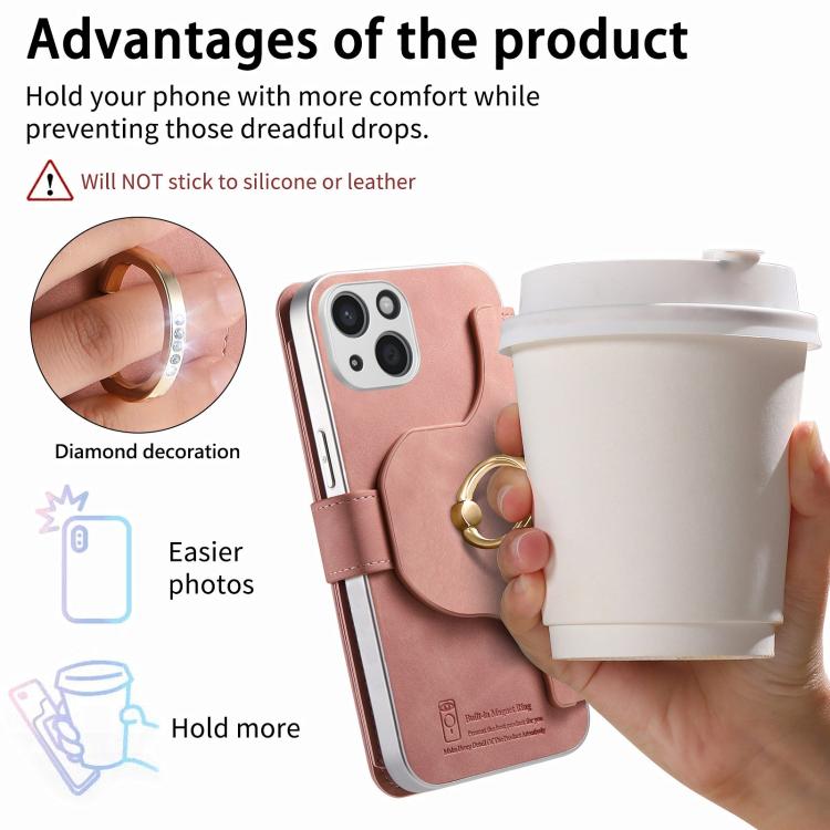 For iPhone 13 Precision Hole Silver-Edged Ring RFID Blocking Zipper Wallet Magnetic Vegan Leather Phone Case