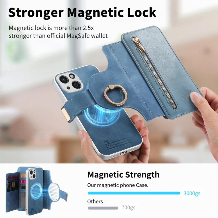 For iPhone 13 Precision Hole Silver-Edged Ring RFID Blocking Zipper Wallet Magnetic Vegan Leather Phone Case