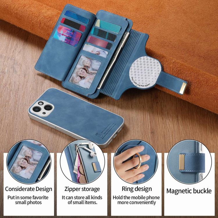 For iPhone 13 Precision Hole Silver-Edged Ring RFID Blocking Zipper Wallet Magnetic Vegan Leather Phone Case