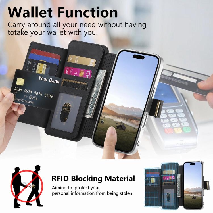 For iPhone 13 Precision Hole Silver-Edged Ring RFID Blocking Zipper Wallet Magnetic Vegan Leather Phone Case