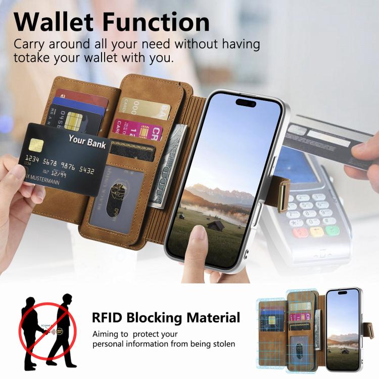 For iPhone 13 Precision Hole Silver-Edged Ring RFID Blocking Zipper Wallet Magnetic Vegan Leather Phone Case