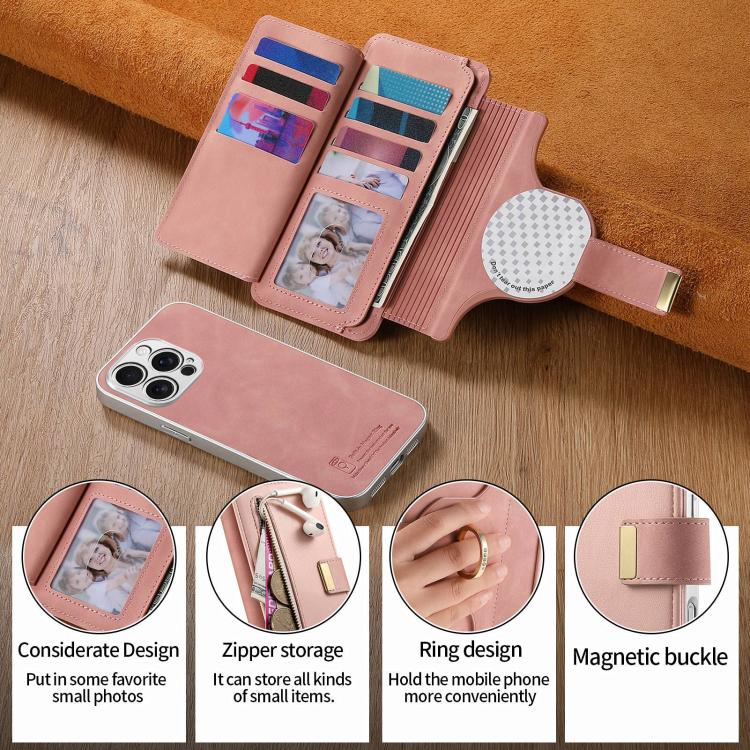 For iPhone 13 Pro Precision Hole Silver-Edged Ring RFID Blocking Zipper Wallet Magnetic Vegan Leather Phone Case