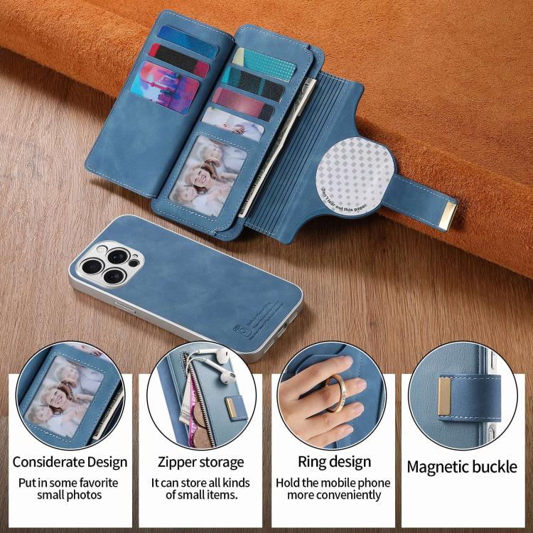 For iPhone 13 Pro Precision Hole Silver-Edged Ring RFID Blocking Zipper Wallet Magnetic Vegan Leather Phone Case