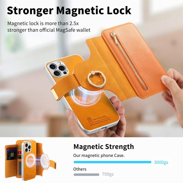 For iPhone 13 Pro Precision Hole Silver-Edged Ring RFID Blocking Zipper Wallet Magnetic Vegan Leather Phone Case