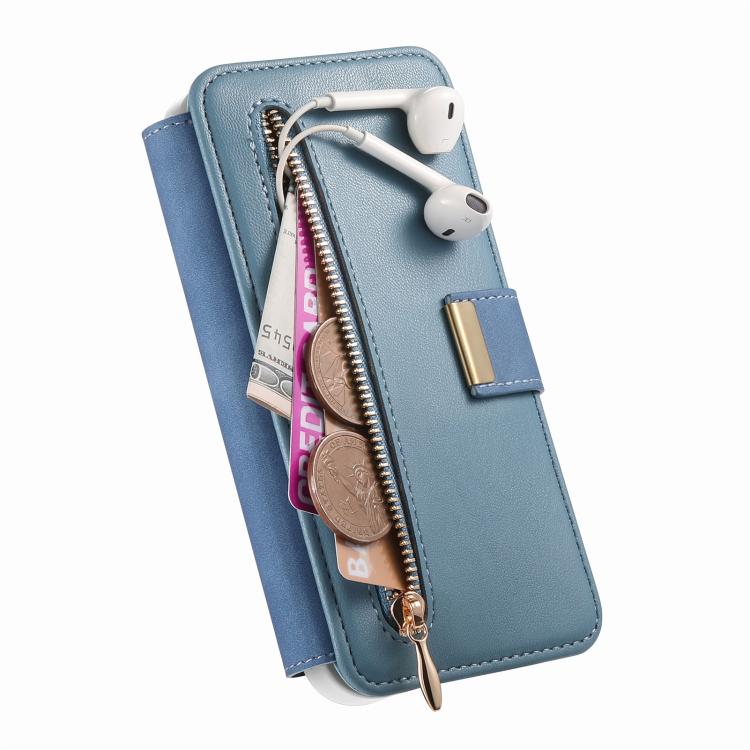 For iPhone 13 Pro Max Precision Hole Silver-Edged Ring RFID Blocking Zipper Wallet Magnetic Vegan Leather Phone Case