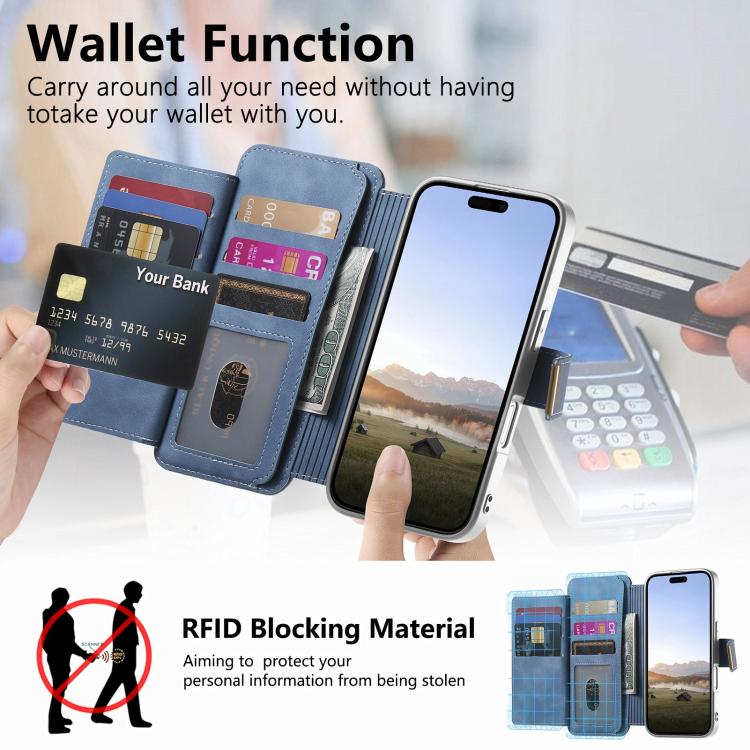 For iPhone 13 Pro Max Precision Hole Silver-Edged Ring RFID Blocking Zipper Wallet Magnetic Vegan Leather Phone Case