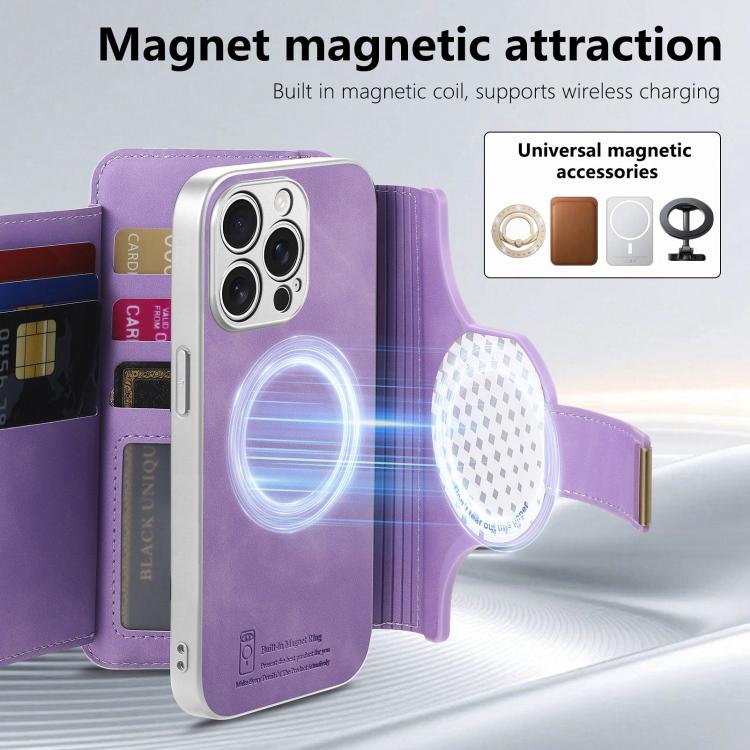 For iPhone 13 Pro Max Precision Hole Silver-Edged Ring RFID Blocking Zipper Wallet Magnetic Vegan Leather Phone Case