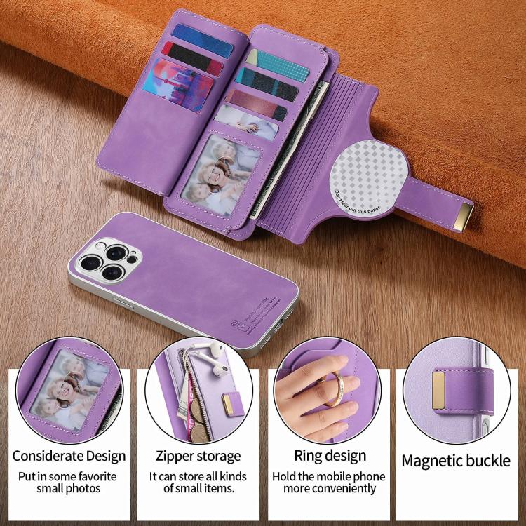 For iPhone 13 Pro Max Precision Hole Silver-Edged Ring RFID Blocking Zipper Wallet Magnetic Vegan Leather Phone Case