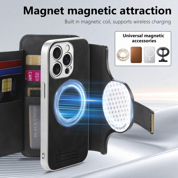 For iPhone 13 Pro Max Precision Hole Silver-Edged Ring RFID Blocking Zipper Wallet Magnetic Vegan Leather Phone Case