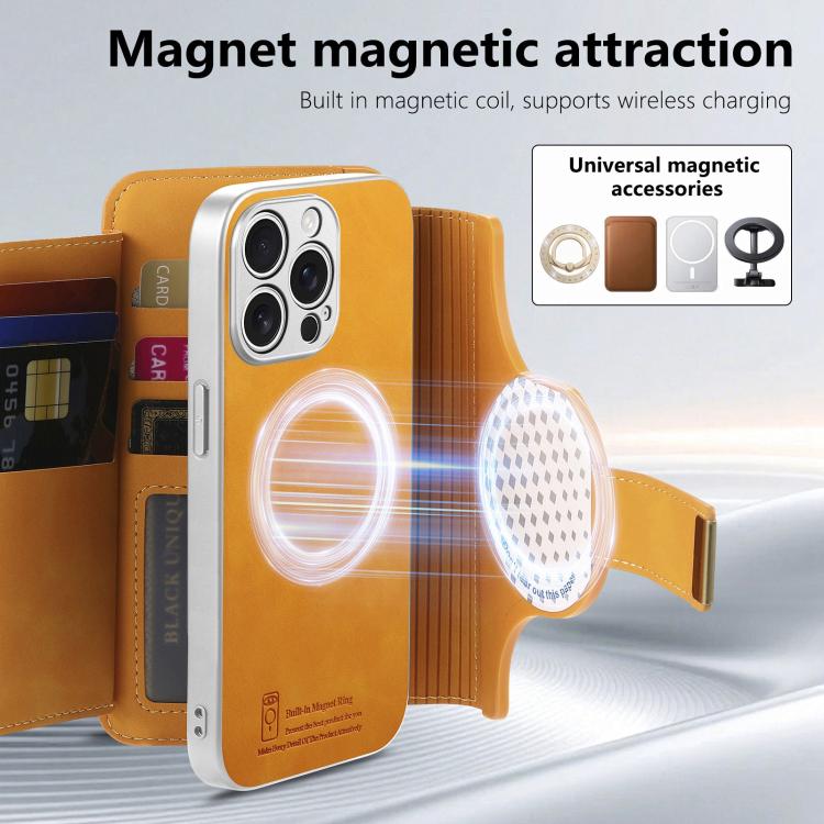 For iPhone 13 Pro Max Precision Hole Silver-Edged Ring RFID Blocking Zipper Wallet Magnetic Vegan Leather Phone Case