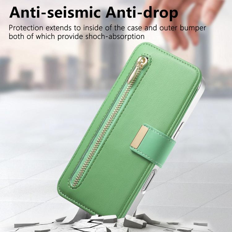 For iPhone 13 Pro Max Precision Hole Silver-Edged Ring RFID Blocking Zipper Wallet Magnetic Vegan Leather Phone Case